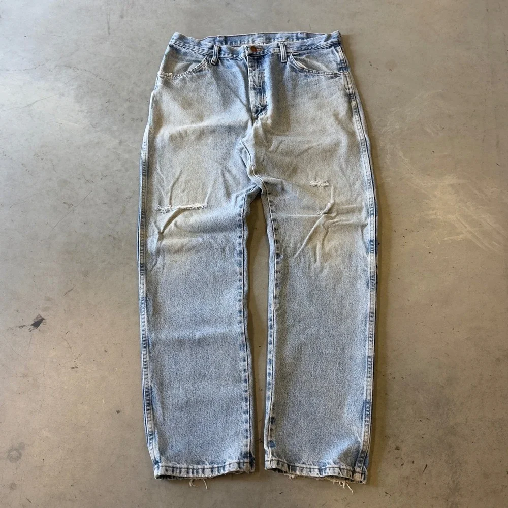 Rustler Mens Distressed Light Wash Straight Leg Denim Jeans Blue 36x32